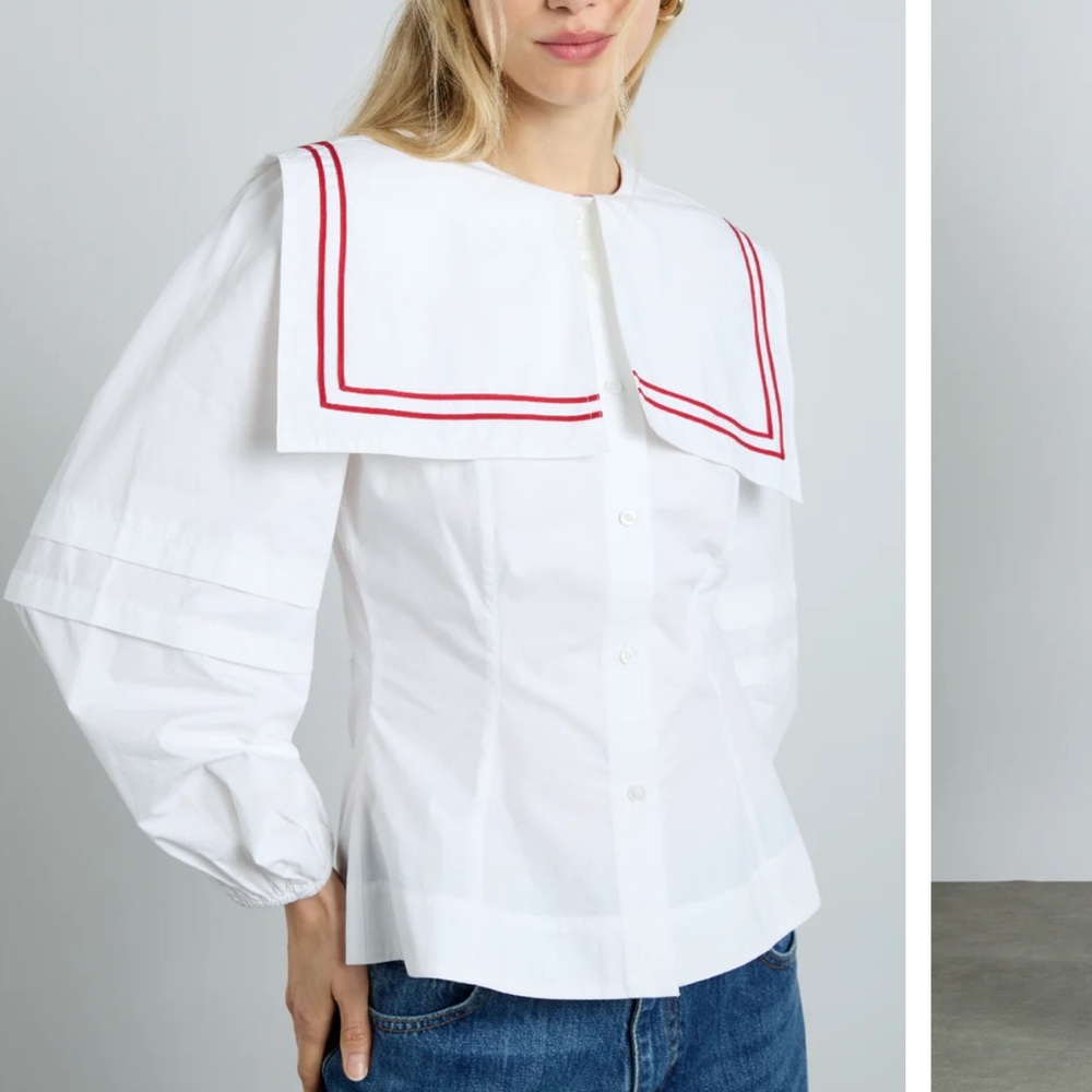 Damson Madder - Elise Blouse - White With Red Piping